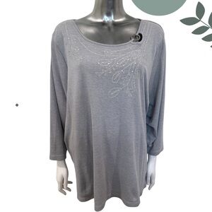 🛍️3/$40 Silver Grey Rhinestone Embellished Top | Ring-Neck Detail | 1X / 2X|